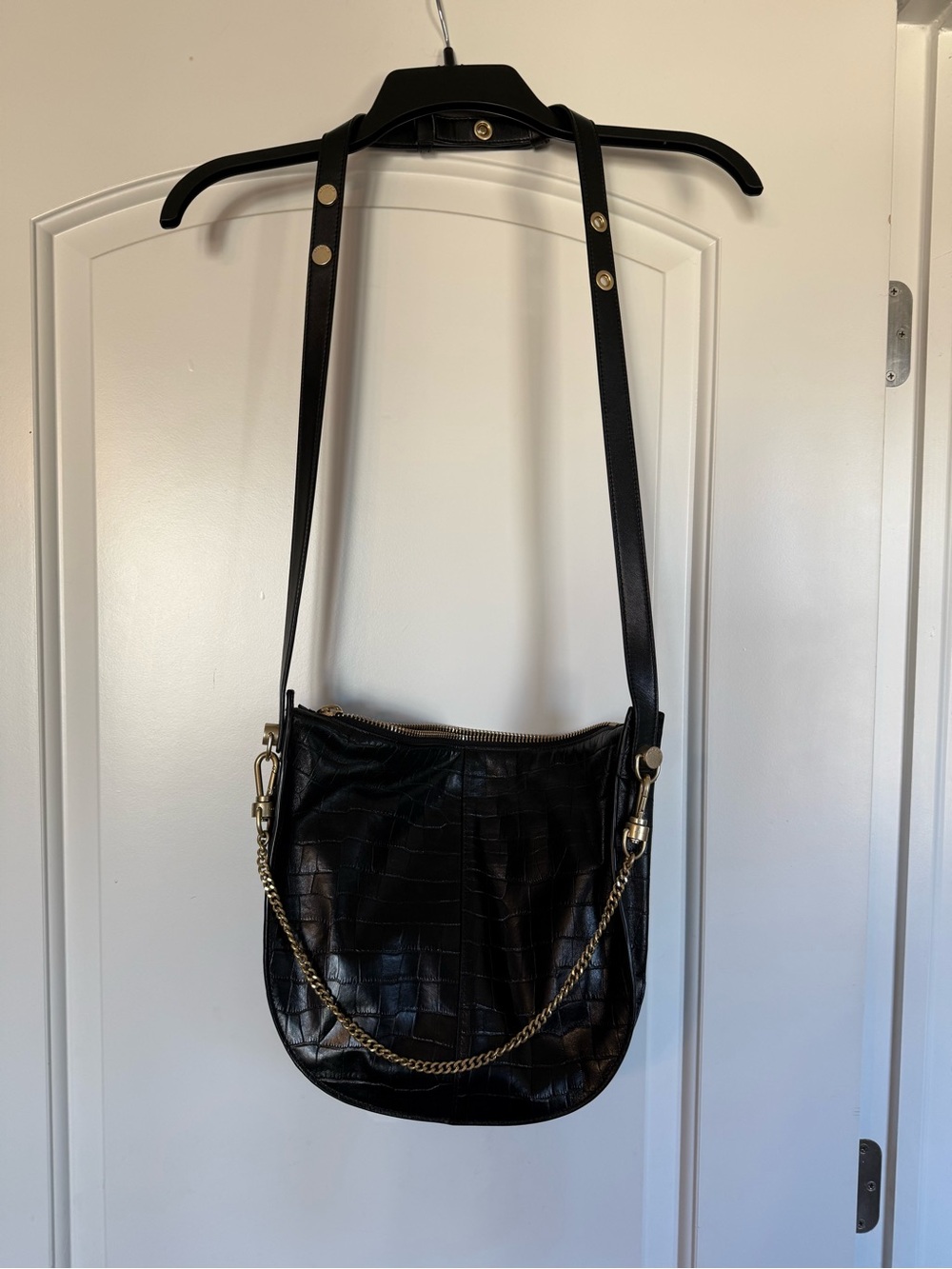 All Saints Black Croc-Embossed Crossbody Bag with Gold Chain